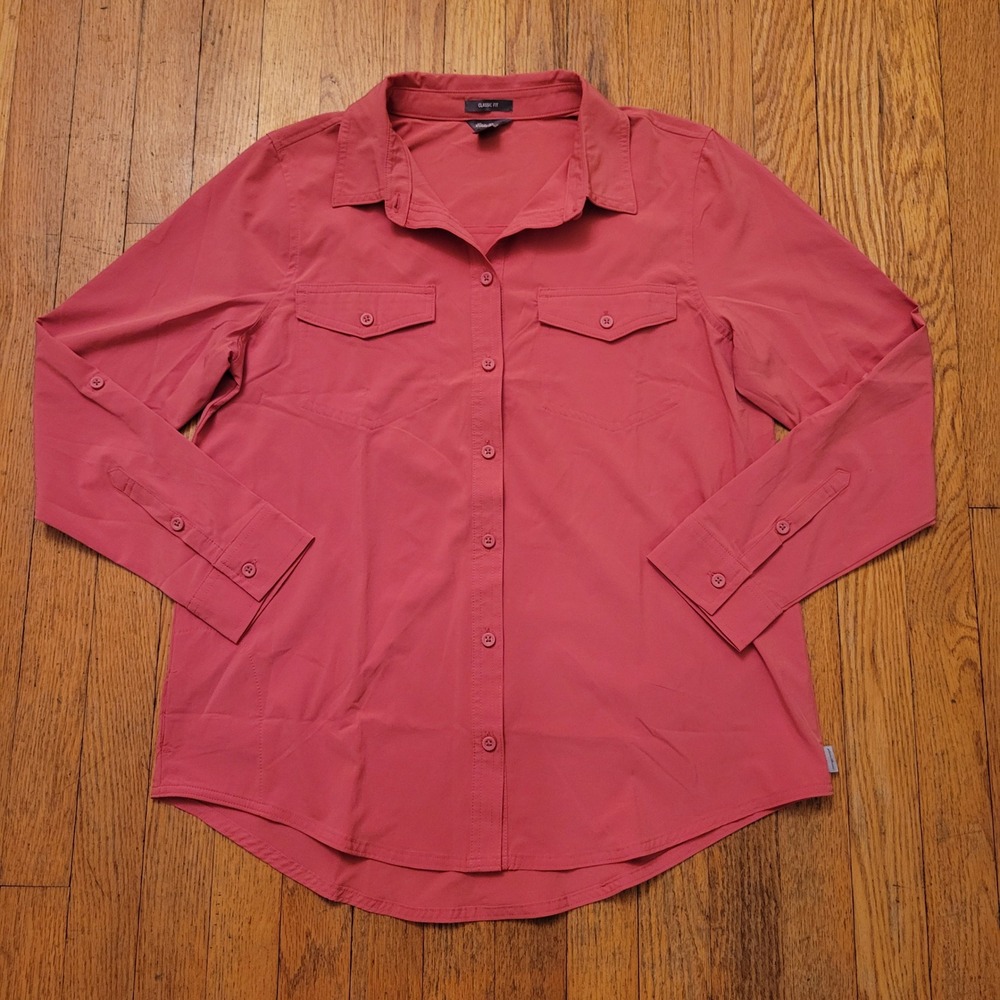 Eddie Bauer M Button Up Coral Roll Tab Sleeve Hiking Top CLASSIC FIT Lightweight